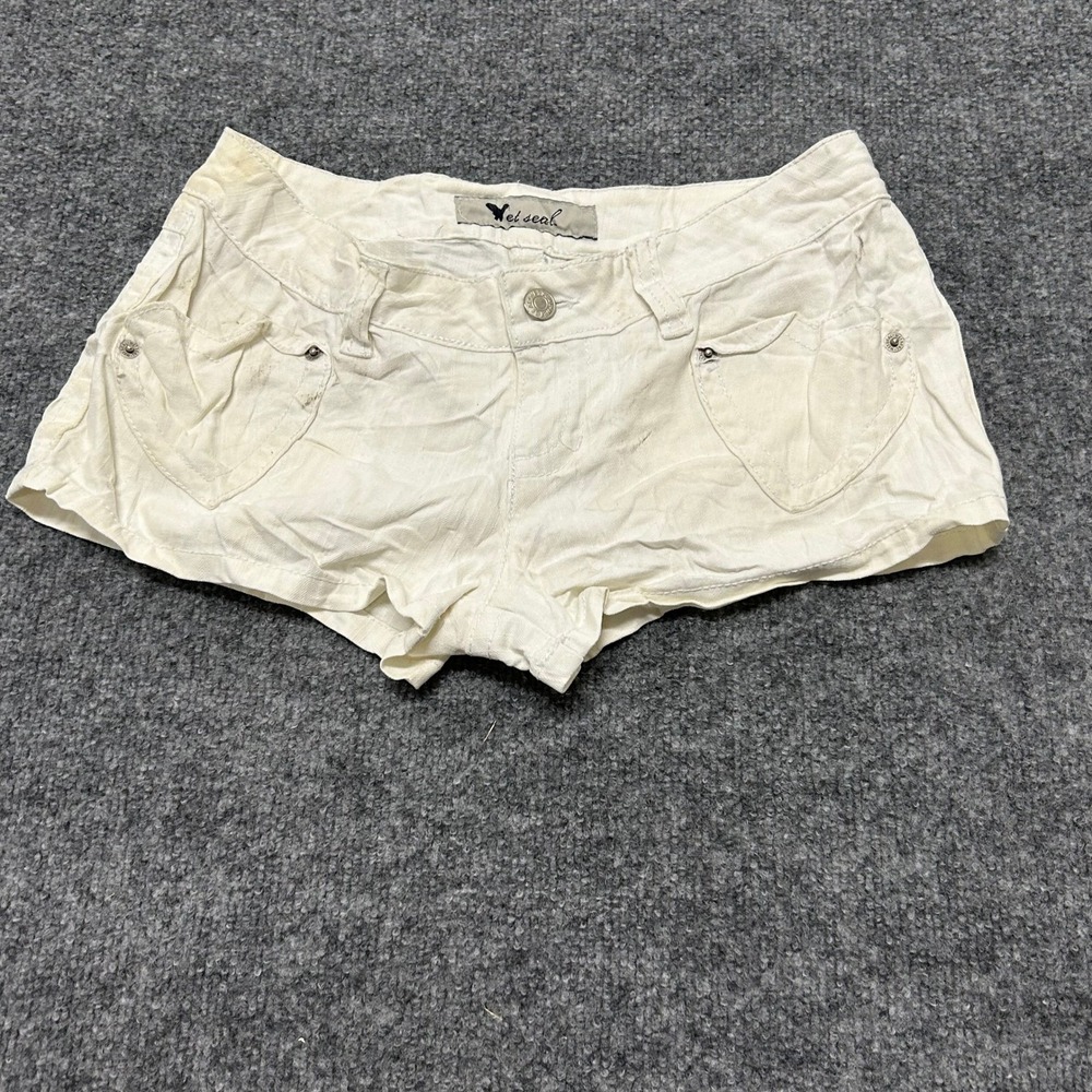 Wet Seal Shorts Womens Size 1 White Heart Pockets Low Rise Studded Y2K Ramie